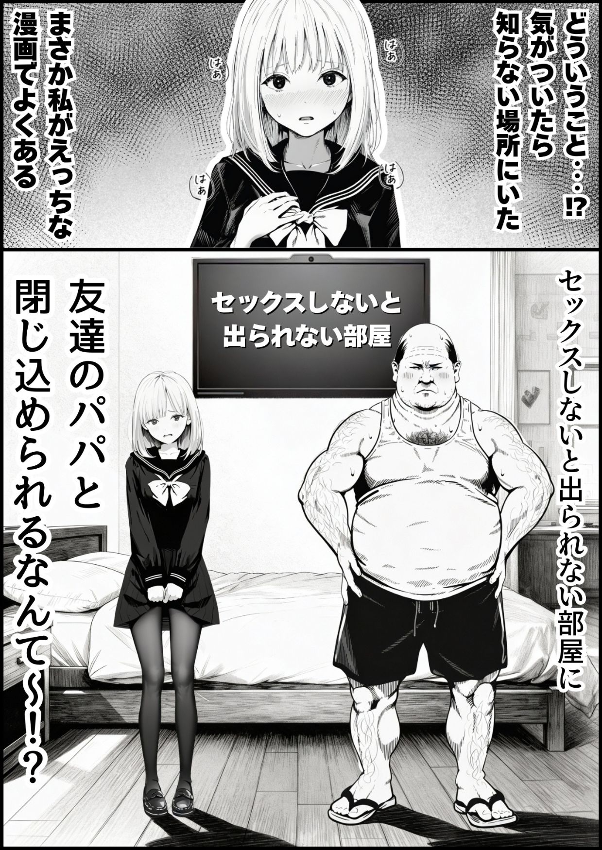 【エロ漫画】セックスしないと出られない部屋に親友のパパと閉じ込められたんですけど〜！？（竿役が種付けおじさんじゃないとヌケないんだが・・・）【d_708189】 | 抜ける無料エロ漫画