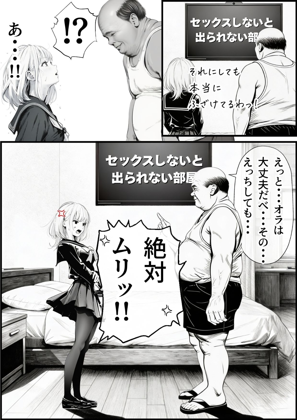 【エロ漫画】セックスしないと出られない部屋に親友のパパと閉じ込められたんですけど〜！？（竿役が種付けおじさんじゃないとヌケないんだが・・・）【d_708189】 | 抜ける無料エロ漫画