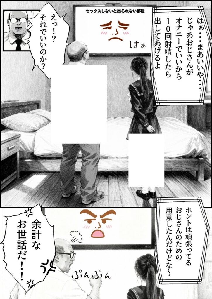 【エロ漫画】セックスしないと出られない部屋に親友のパパと閉じ込められたんですけど〜！？（竿役が種付けおじさんじゃないとヌケないんだが・・・）【d_708189】 | 抜ける無料エロ漫画